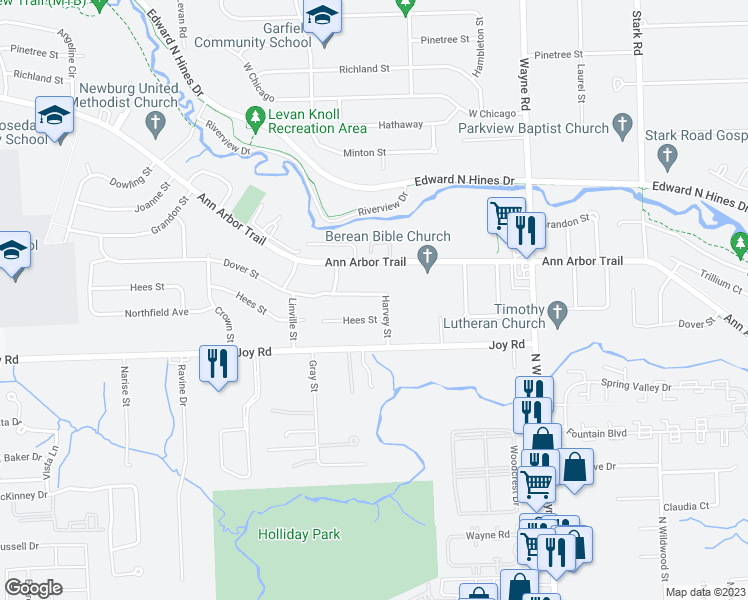 map of restaurants, bars, coffee shops, grocery stores, and more near 35607 Dover Street in Livonia