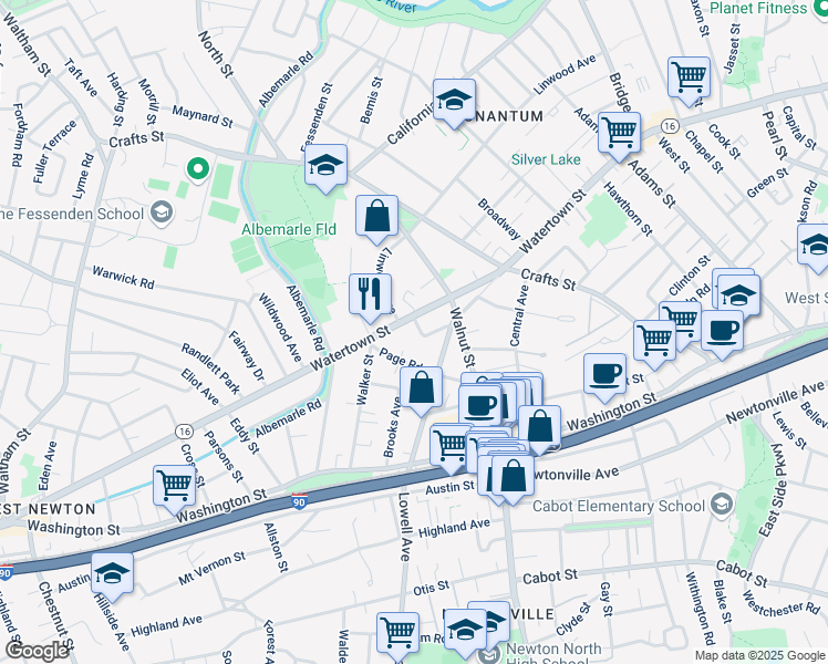 map of restaurants, bars, coffee shops, grocery stores, and more near 40 Rossmere Street in Newton