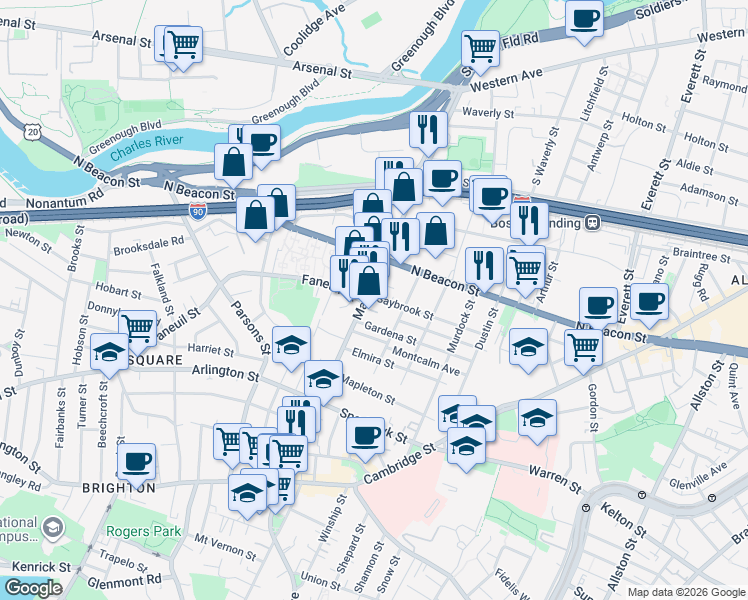 map of restaurants, bars, coffee shops, grocery stores, and more near in Boston
