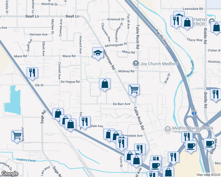 map of restaurants, bars, coffee shops, grocery stores, and more near 2627 Merriman Road in Medford