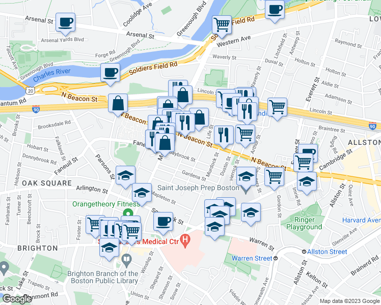 map of restaurants, bars, coffee shops, grocery stores, and more near 9 Glencoe Street in Boston