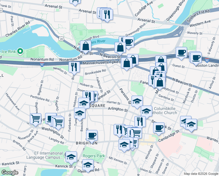 map of restaurants, bars, coffee shops, grocery stores, and more near 6 Cresthill Road in Boston