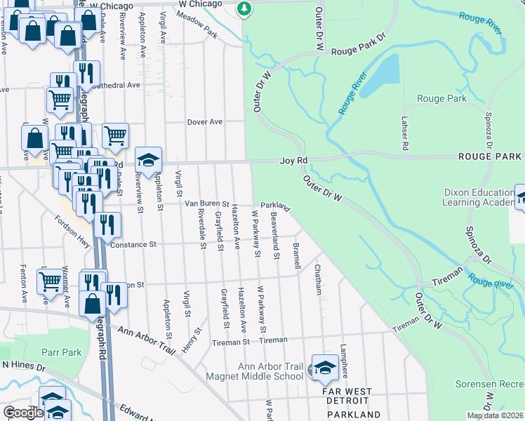 map of restaurants, bars, coffee shops, grocery stores, and more near 8511 Parkland in Detroit