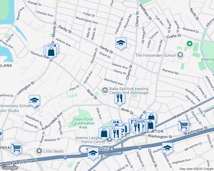 map of restaurants, bars, coffee shops, grocery stores, and more near 91 Westland Avenue in Newton