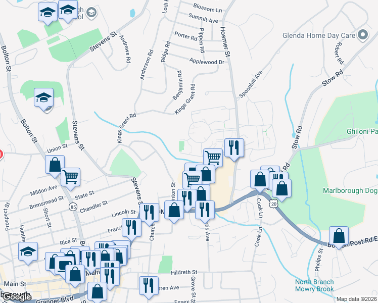 map of restaurants, bars, coffee shops, grocery stores, and more near 20 Royal Crest Drive in Marlborough