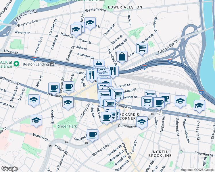 map of restaurants, bars, coffee shops, grocery stores, and more near 16 Highgate Street in Boston