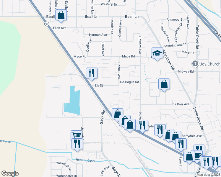 map of restaurants, bars, coffee shops, grocery stores, and more near 123 Elk Street in Medford