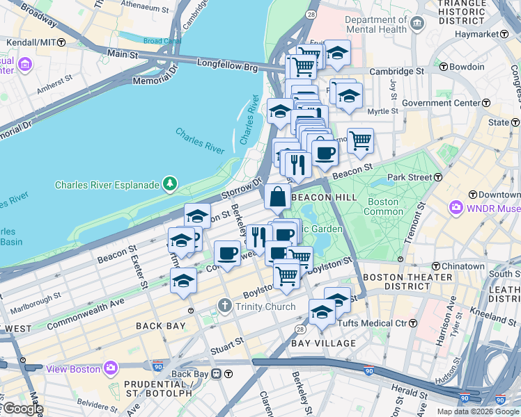 map of restaurants, bars, coffee shops, grocery stores, and more near in Boston