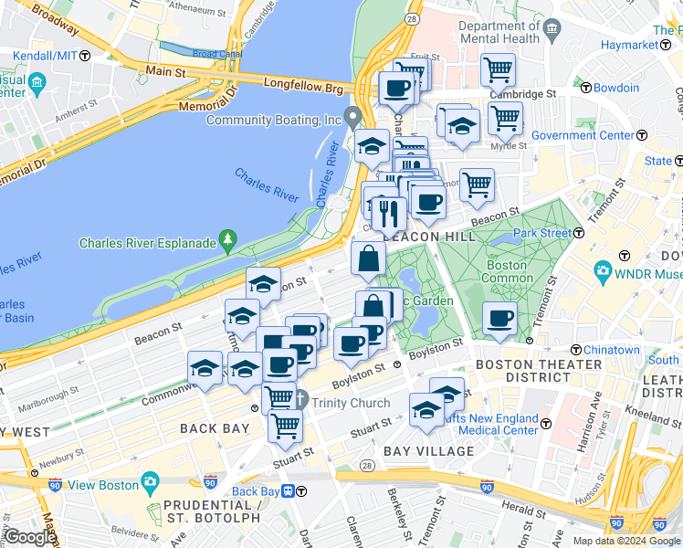 map of restaurants, bars, coffee shops, grocery stores, and more near in Boston