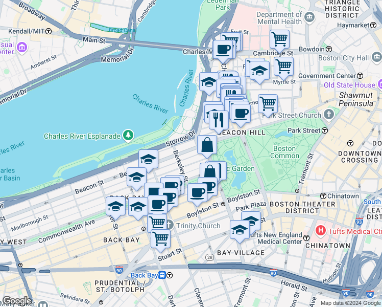 map of restaurants, bars, coffee shops, grocery stores, and more near in Boston