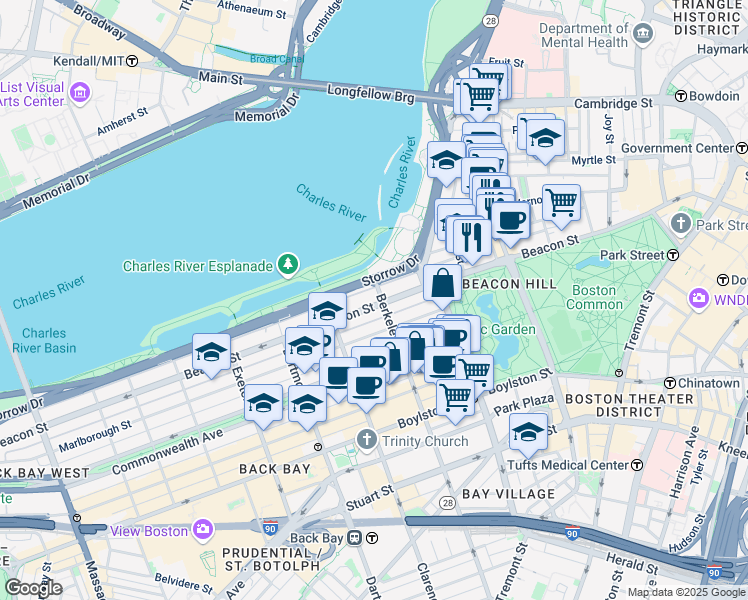 map of restaurants, bars, coffee shops, grocery stores, and more near 122 Beacon Street in Boston