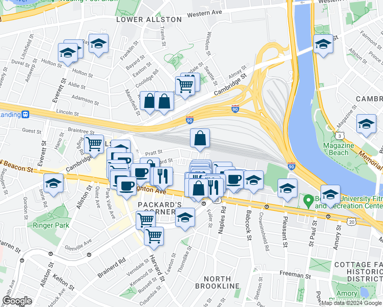map of restaurants, bars, coffee shops, grocery stores, and more near 22 Wadsworth Street in Boston