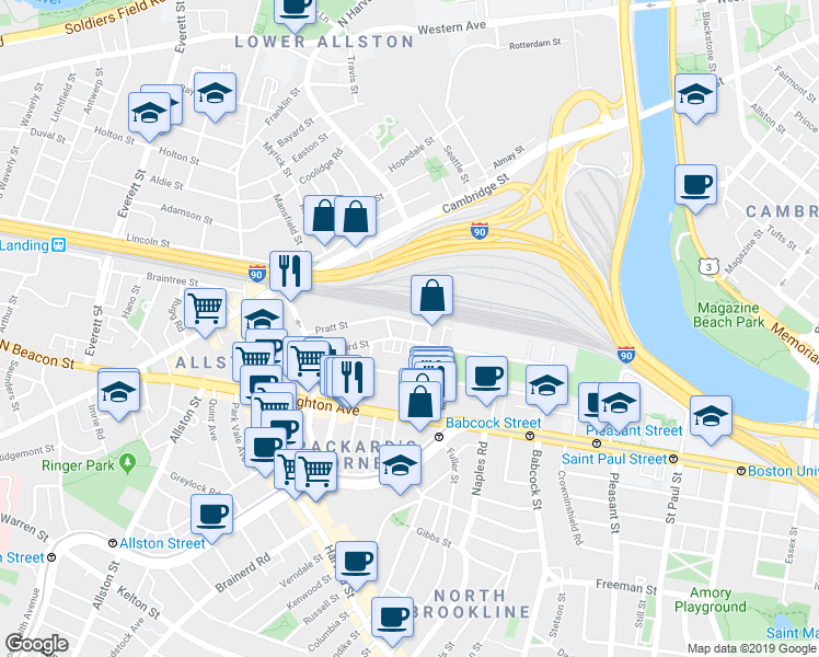 map of restaurants, bars, coffee shops, grocery stores, and more near 4 Wadsworth Street in Boston