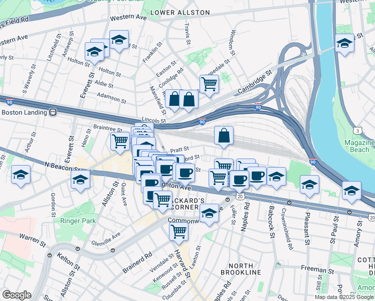 map of restaurants, bars, coffee shops, grocery stores, and more near 34R Pratt Street in Boston