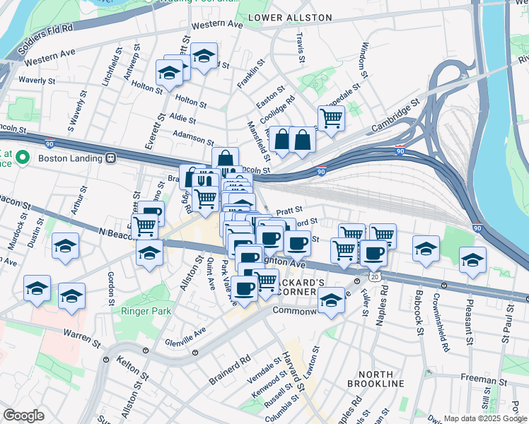 map of restaurants, bars, coffee shops, grocery stores, and more near 16 Highgate Street in Boston