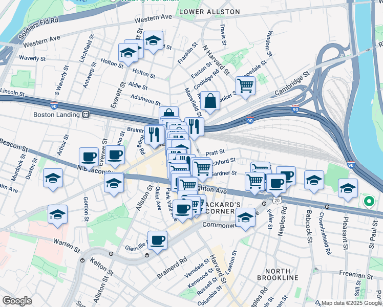 map of restaurants, bars, coffee shops, grocery stores, and more near 16 Highgate Street in Boston