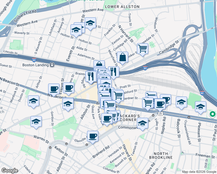 map of restaurants, bars, coffee shops, grocery stores, and more near 16 Highgate Street in Boston