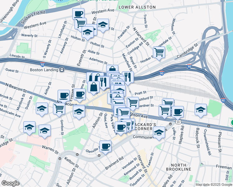 map of restaurants, bars, coffee shops, grocery stores, and more near in Boston