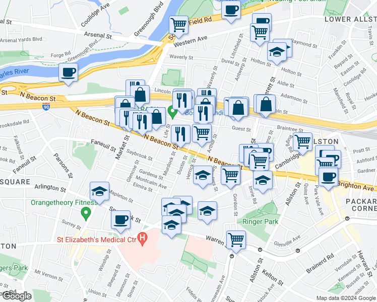 map of restaurants, bars, coffee shops, grocery stores, and more near 35 Hichborn Street in Boston