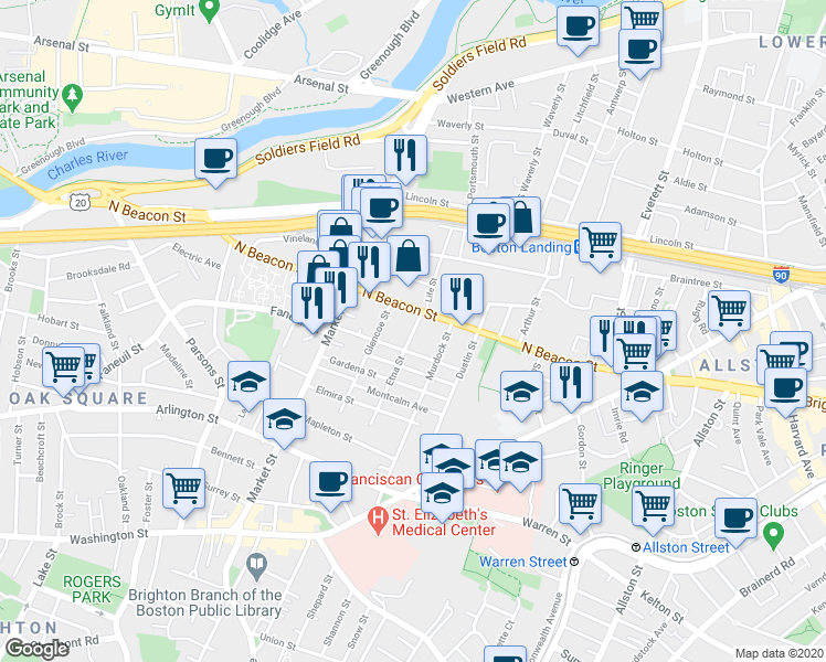map of restaurants, bars, coffee shops, grocery stores, and more near 160 North Beacon Street in Boston