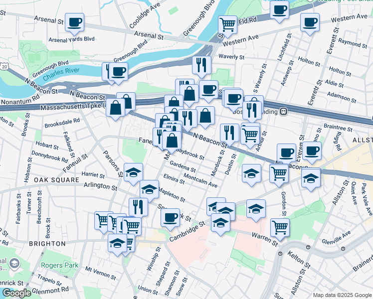 map of restaurants, bars, coffee shops, grocery stores, and more near 9 Glencoe Street in Boston