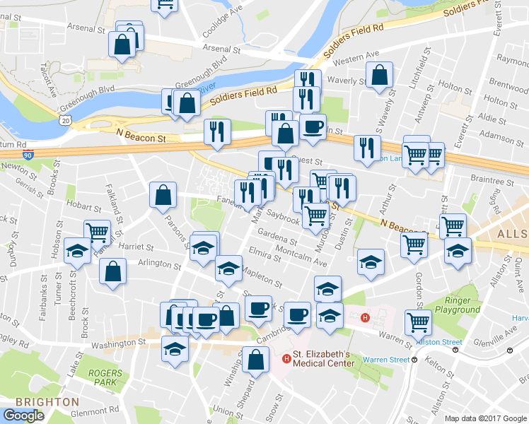 map of restaurants, bars, coffee shops, grocery stores, and more near in Boston