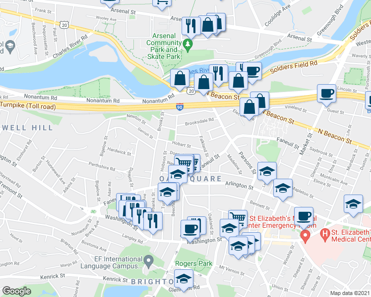 map of restaurants, bars, coffee shops, grocery stores, and more near 20 Corinne Road in Boston