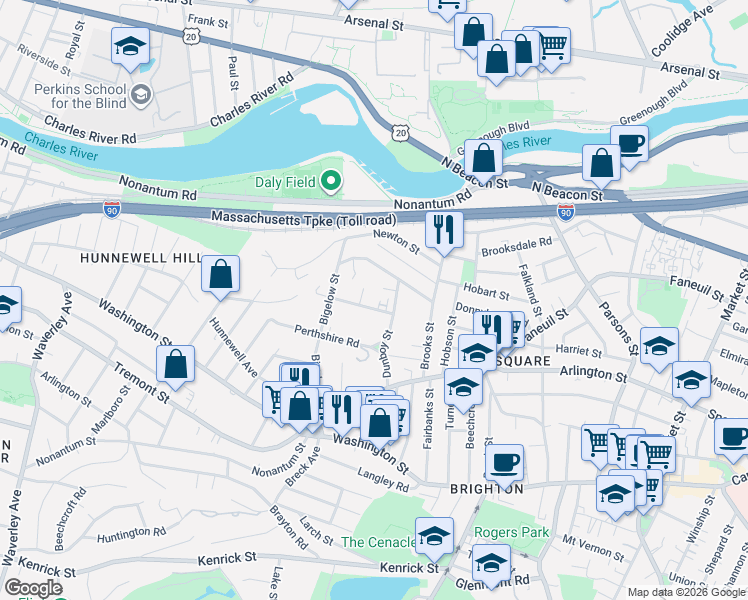 map of restaurants, bars, coffee shops, grocery stores, and more near 10 Bigelow Circle in Boston