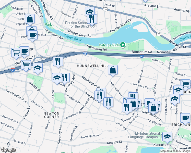 map of restaurants, bars, coffee shops, grocery stores, and more near 114 Grasmere Street in Newton