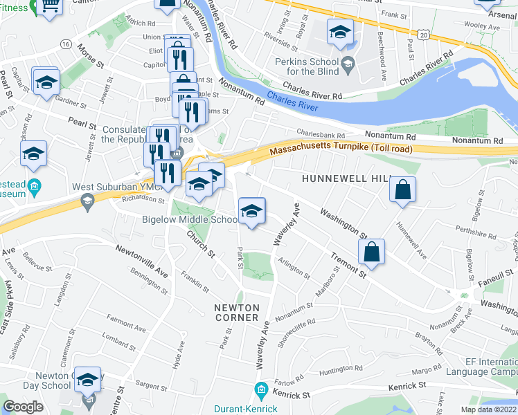 map of restaurants, bars, coffee shops, grocery stores, and more near 17 Hibbard Road in Newton