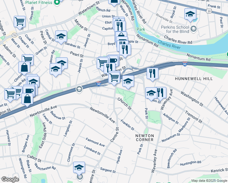 map of restaurants, bars, coffee shops, grocery stores, and more near 23 Richardson Street in Newton