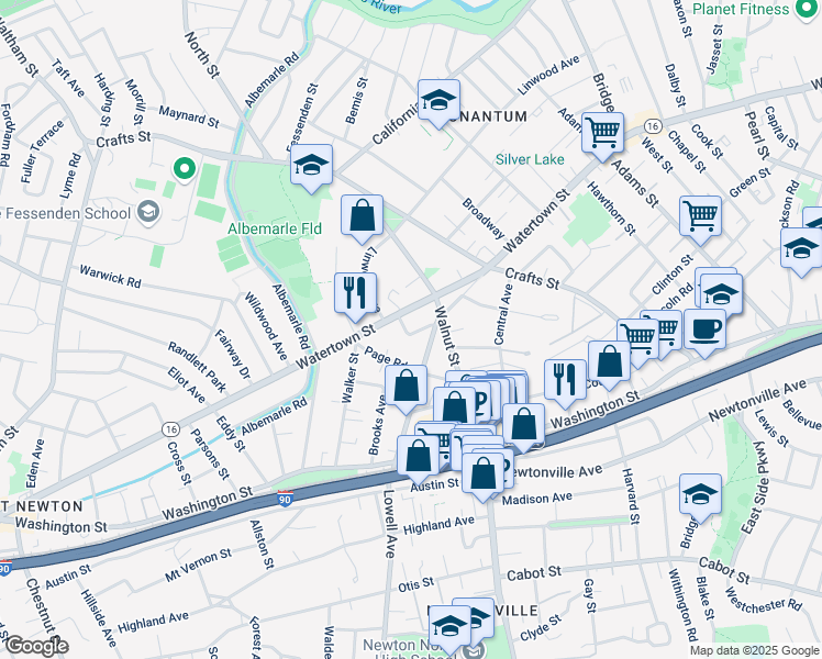 map of restaurants, bars, coffee shops, grocery stores, and more near in Newton