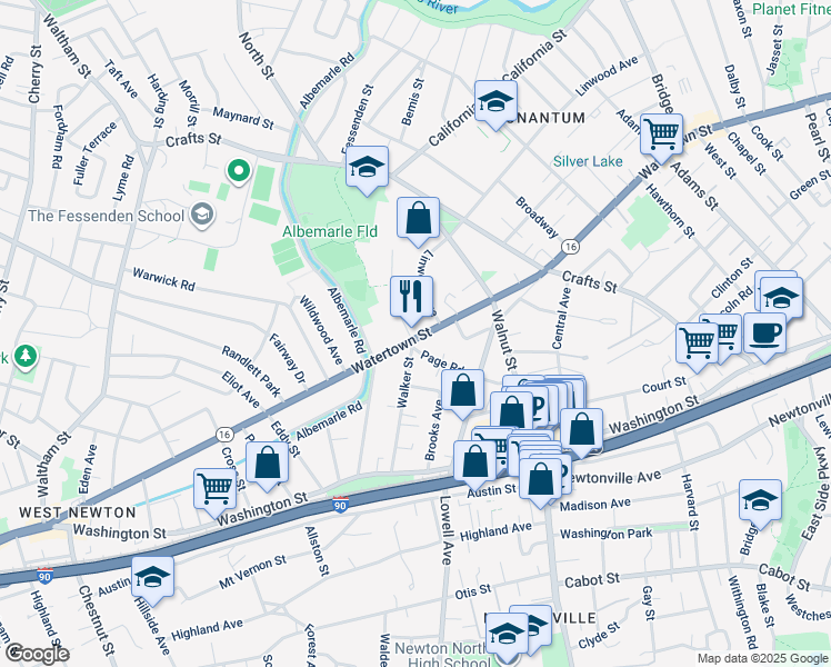 map of restaurants, bars, coffee shops, grocery stores, and more near 11 Edinboro Terrace in Newton