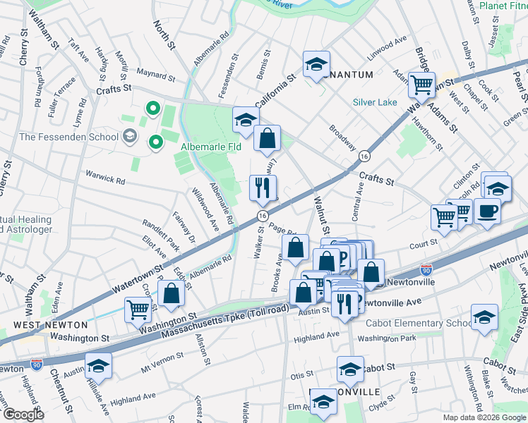 map of restaurants, bars, coffee shops, grocery stores, and more near 11 Edinboro Terrace in Newton