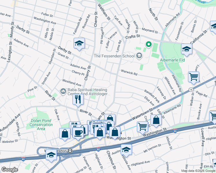 map of restaurants, bars, coffee shops, grocery stores, and more near 15 North Gate Park in Newton