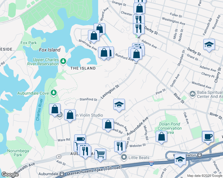 map of restaurants, bars, coffee shops, grocery stores, and more near in Newton