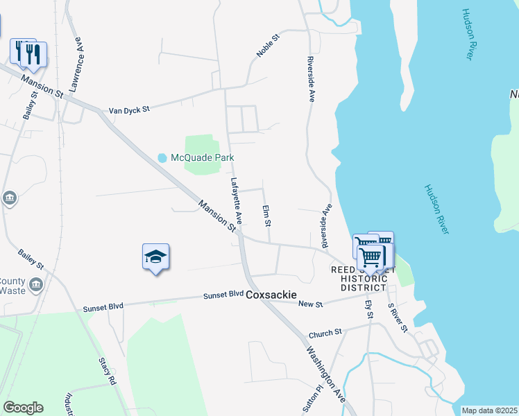 map of restaurants, bars, coffee shops, grocery stores, and more near 27 Elm St in Coxsackie
