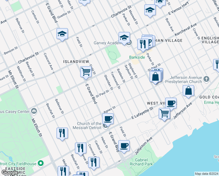 map of restaurants, bars, coffee shops, grocery stores, and more near 1720 Sheridan Street in Detroit