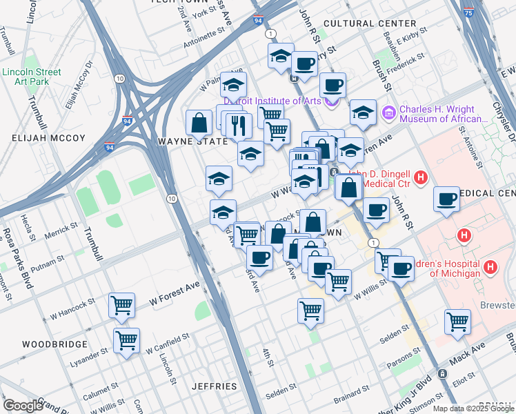 map of restaurants, bars, coffee shops, grocery stores, and more near in Detroit