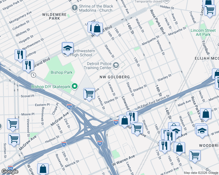 map of restaurants, bars, coffee shops, grocery stores, and more near 2652 McGraw Avenue in Detroit