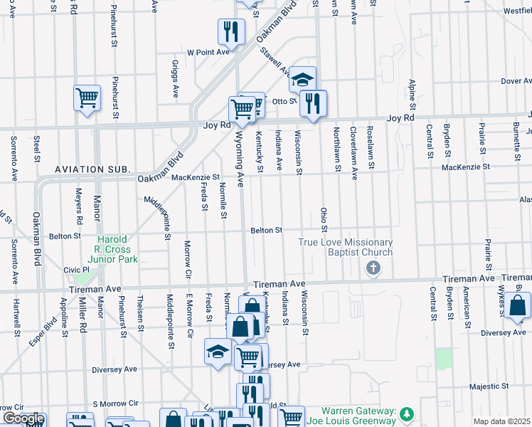 map of restaurants, bars, coffee shops, grocery stores, and more near 8295 Kentucky Street in Detroit
