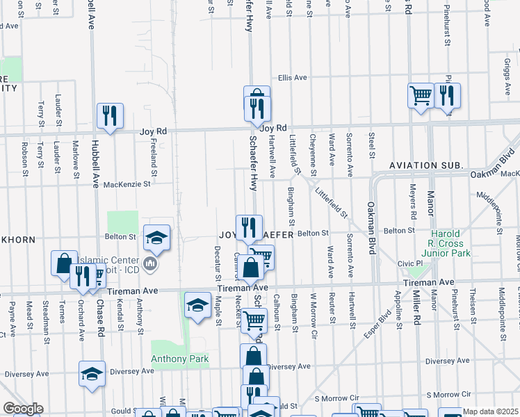 map of restaurants, bars, coffee shops, grocery stores, and more near 8323 Hartwell Street in Detroit