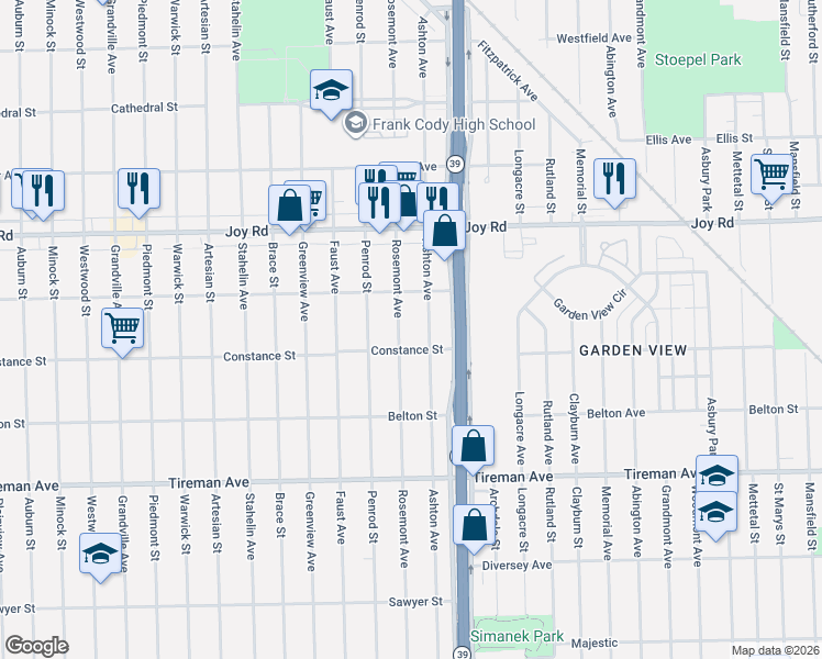 map of restaurants, bars, coffee shops, grocery stores, and more near 8482 Rosemont Avenue in Detroit