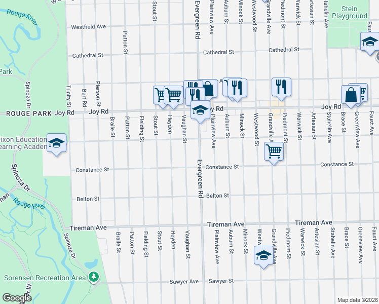 map of restaurants, bars, coffee shops, grocery stores, and more near 8501 Evergreen Road in Detroit