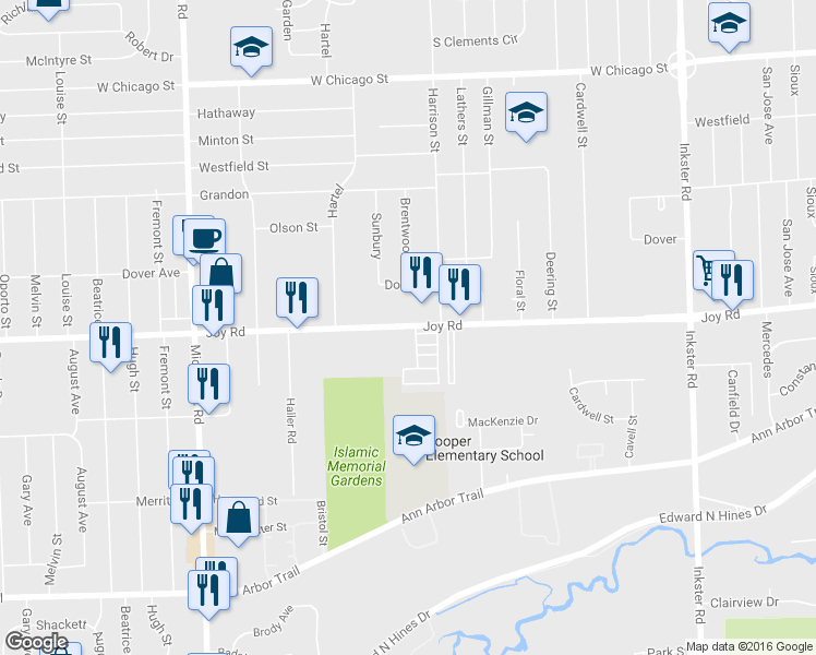 map of restaurants, bars, coffee shops, grocery stores, and more near 28495 Joy Road in Westland