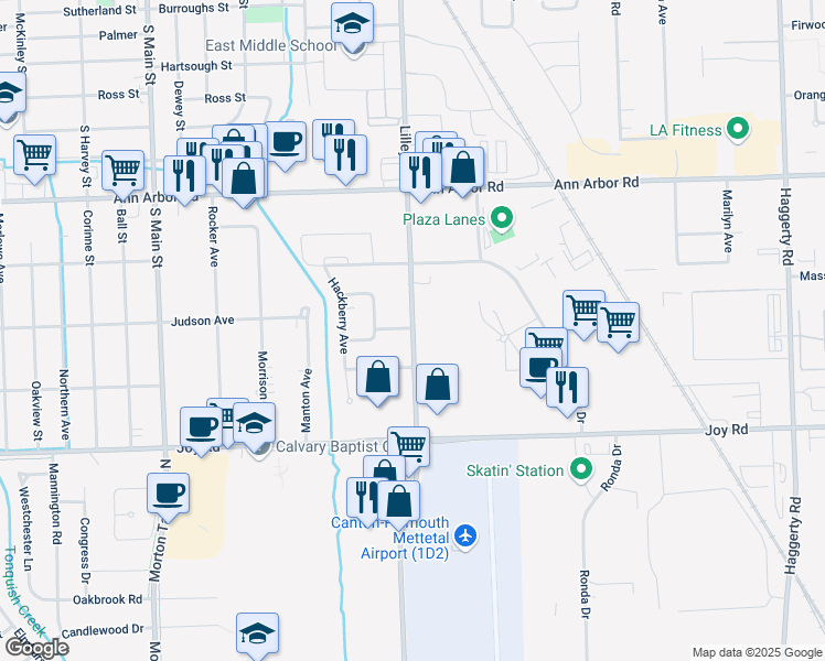 map of restaurants, bars, coffee shops, grocery stores, and more near 9161 North Lilley Road in Plymouth
