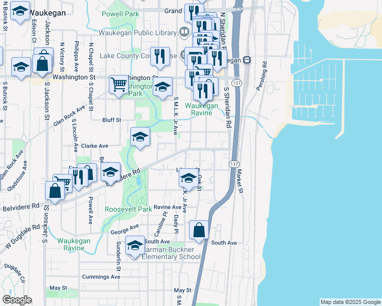 map of restaurants, bars, coffee shops, grocery stores, and more near 219 South County Street in Waukegan