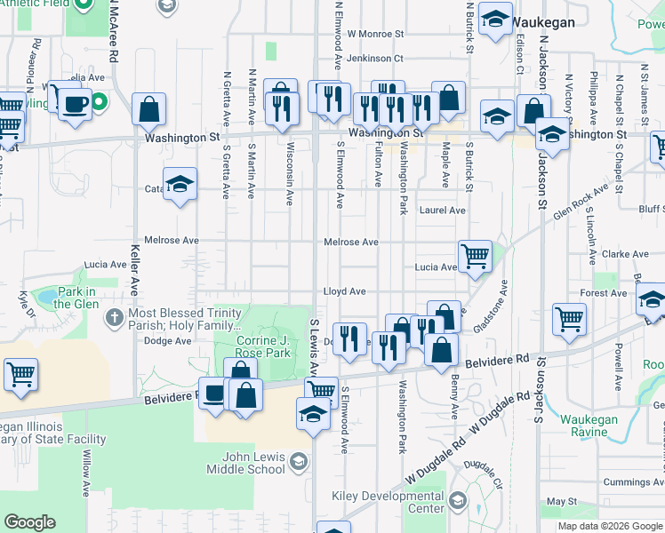 map of restaurants, bars, coffee shops, grocery stores, and more near 210 South Elmwood Avenue in Waukegan