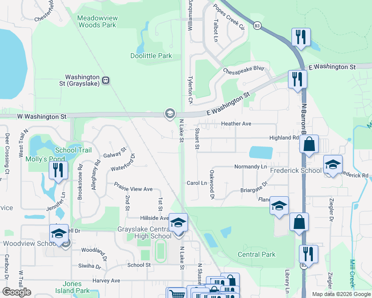 map of restaurants, bars, coffee shops, grocery stores, and more near 95 Highland Road in Grayslake