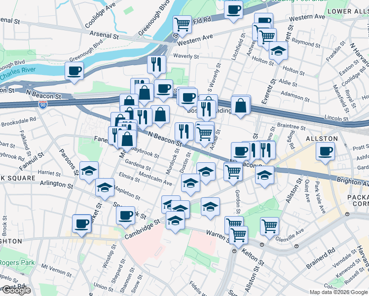 map of restaurants, bars, coffee shops, grocery stores, and more near 155-157 Murdock Street in Boston